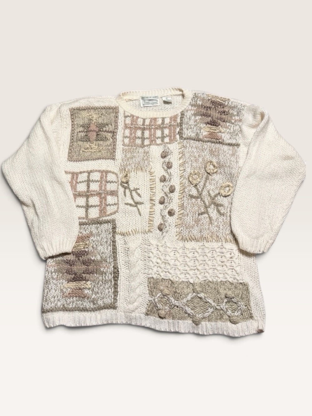 VINTAGE Shenanigans Hand Knit Patchwork Ramie Sweater Cottagecore S